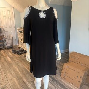 S. Levine Chic Black Cold Shoulder Dress with Embellished Neckline sz med